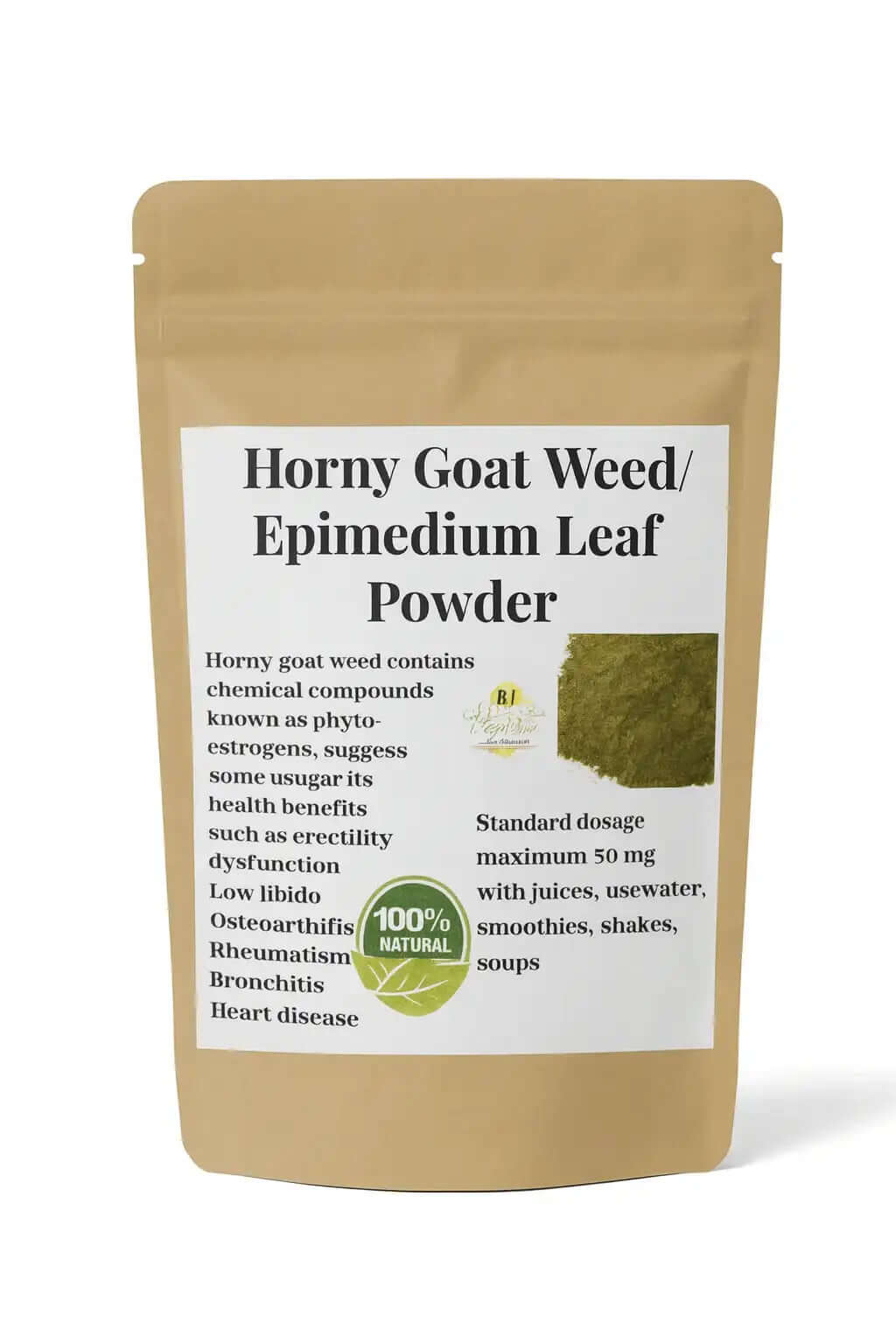 RoyalLuxsLLC Horny Goat Weed Epimedium leaf powder supplement in natural brown resealable pouch