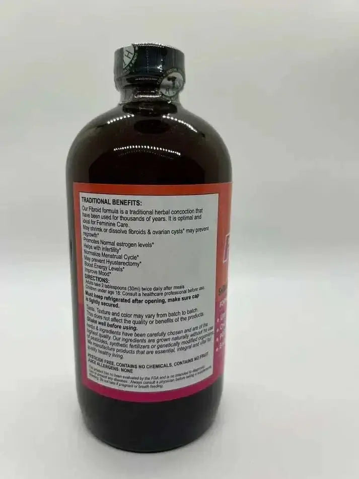 Fibroid Formula herbal tonic bottle for women's health, featuring detox benefits and natural ingredients for fibroids.