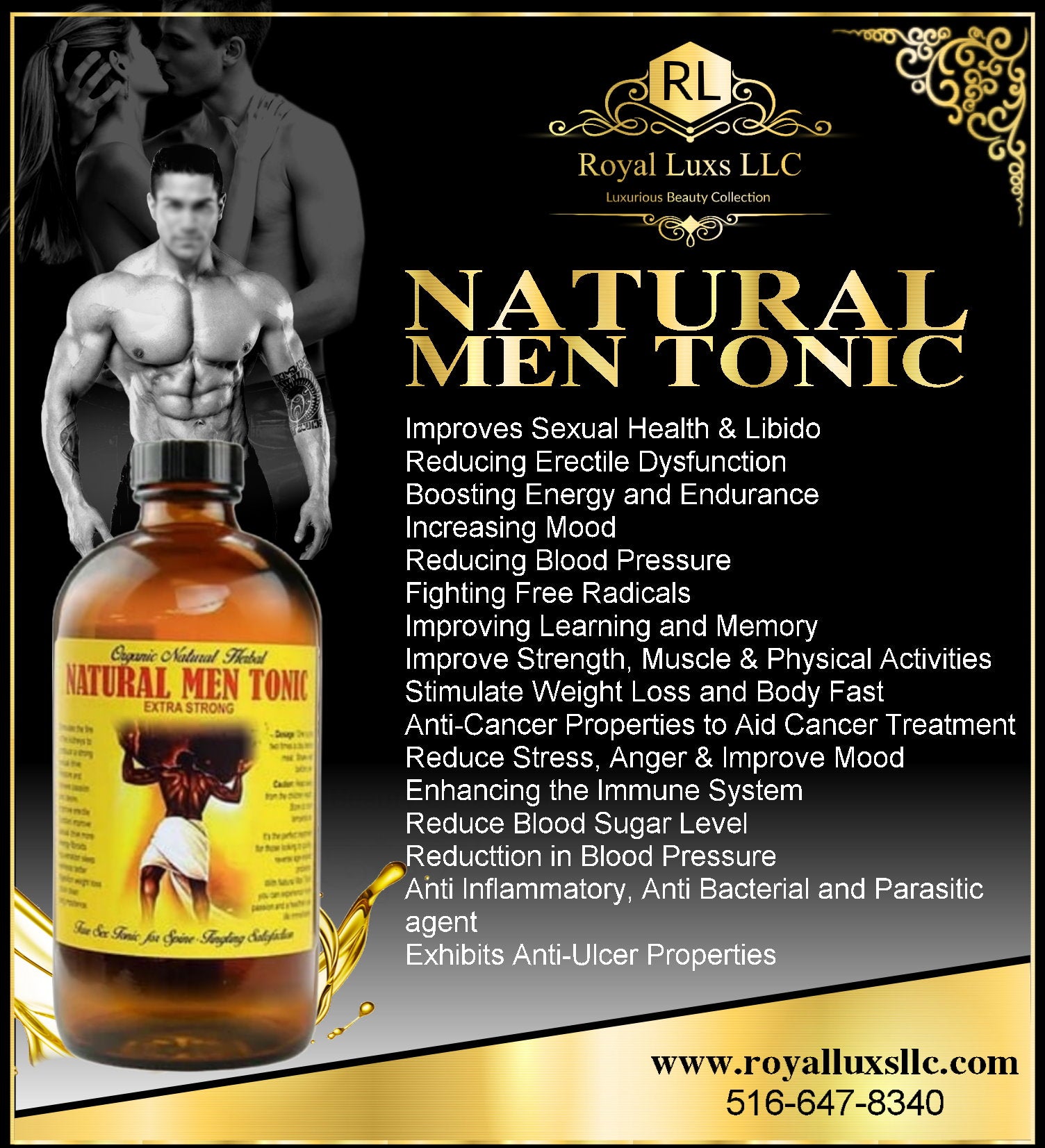 Natural Men Tonic by Royal Lux LLC with benefits for men's health and vitality, including sexual and physical wellness.