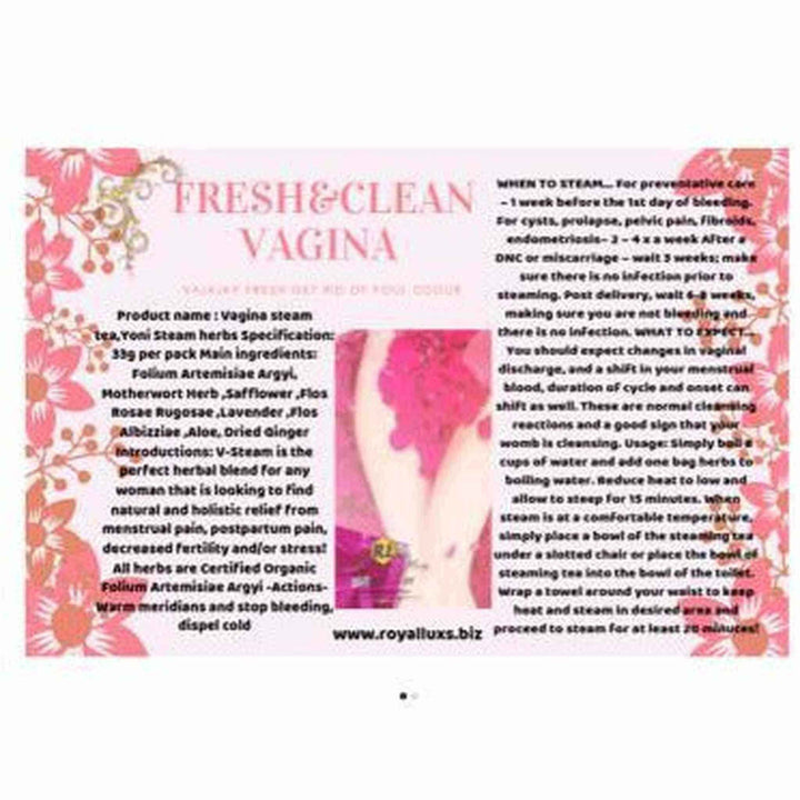 Fresh Clean Vagina Wash Steam Tea product details, highlighting yoni steam benefits and herb specifications.