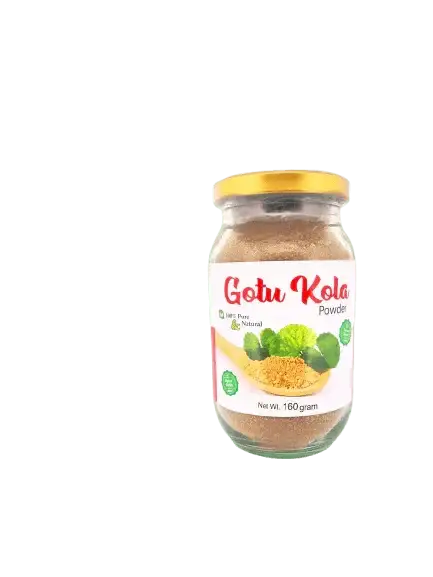 RoyalLuxsLLC Gotu Kola powder supplement in a clear glass jar with gold lid and natural powder inside