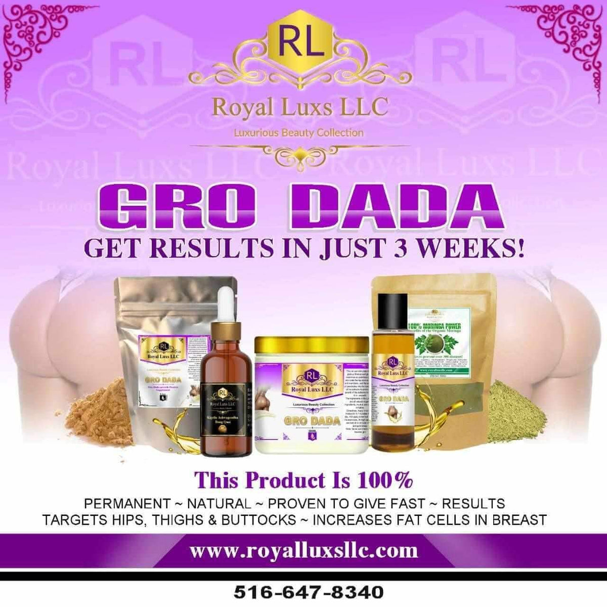 Gro Dada Kit - Natural enhancement cream, oils, and powder for breasts and buttocks, promoting detox and cleanse.
