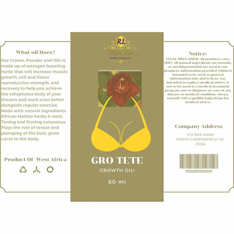GRO TETE 2oz growth oil label featuring natural ingredients, focusing on detox and herbal tonic benefits.