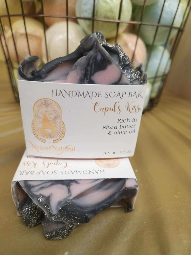 Cupid Kiss handmade soap bar by RoyalLuxsLLC with black and pink swirls and rich shea butter and olive oil