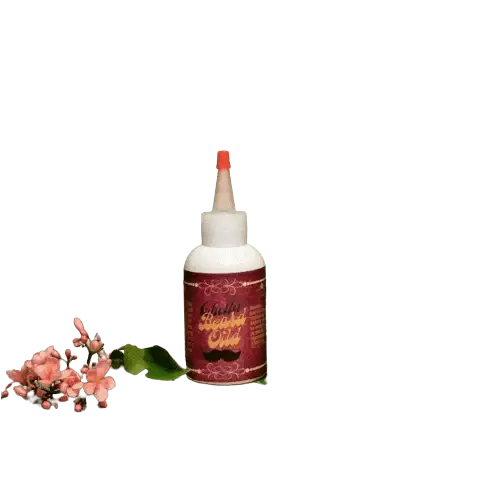 RoyalLuxsLLC herbal beard oil for men in white bottle with pink floral decoration on black background