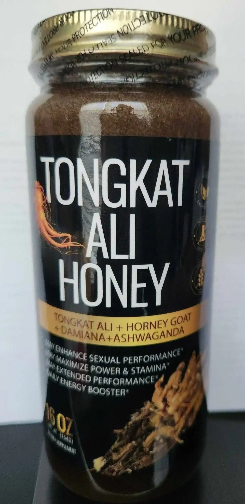 Herbal Energy Honey – Tongkat, Damiana & Botanical Blend bottle showcasing Tongkat Ali, Horny Goat Weed, and Ashwagandha.