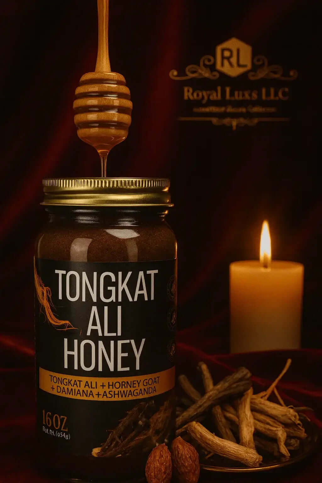 Herbal Energy Honey – Tongkat, Damiana & Botanical Blend with honey drizzling from the jar, featuring herbal ingredients.