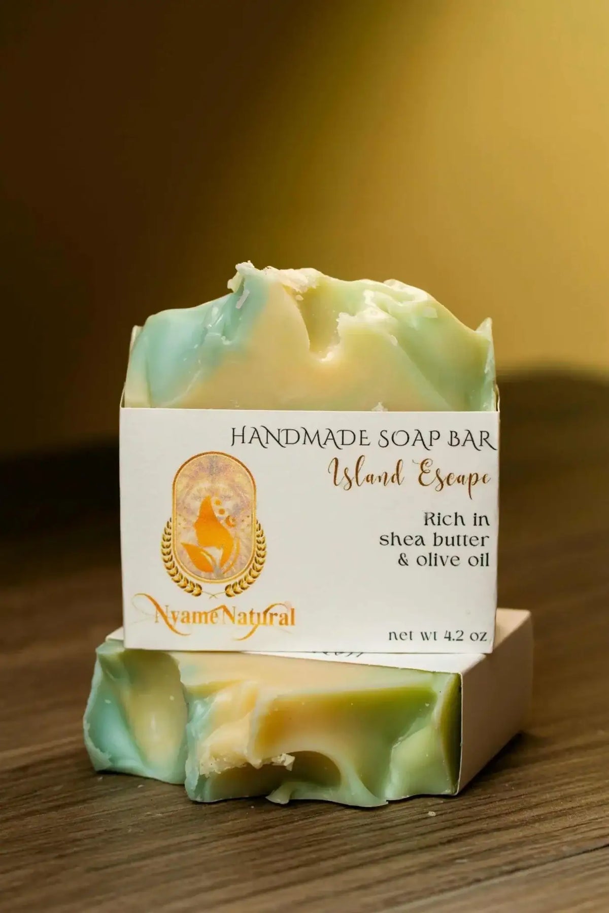 Island Escape Soap bar showcasing rich shea butter and olive oil for hydration and cleansing.