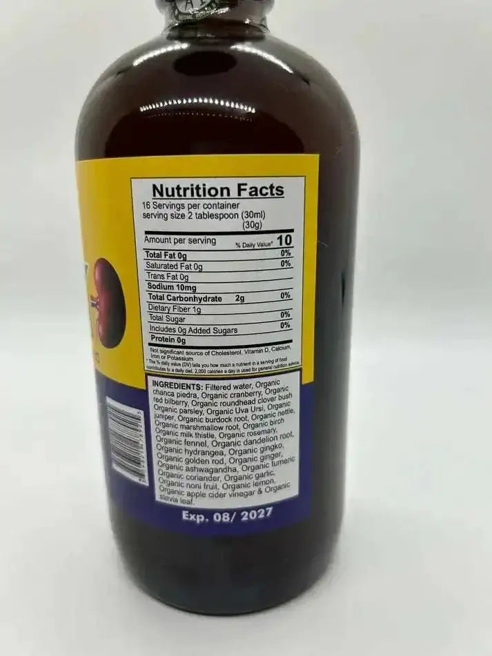 Nutritious Kidney Formula bottle with nutrition facts showcasing natural ingredients for kidney health and detox benefits.
