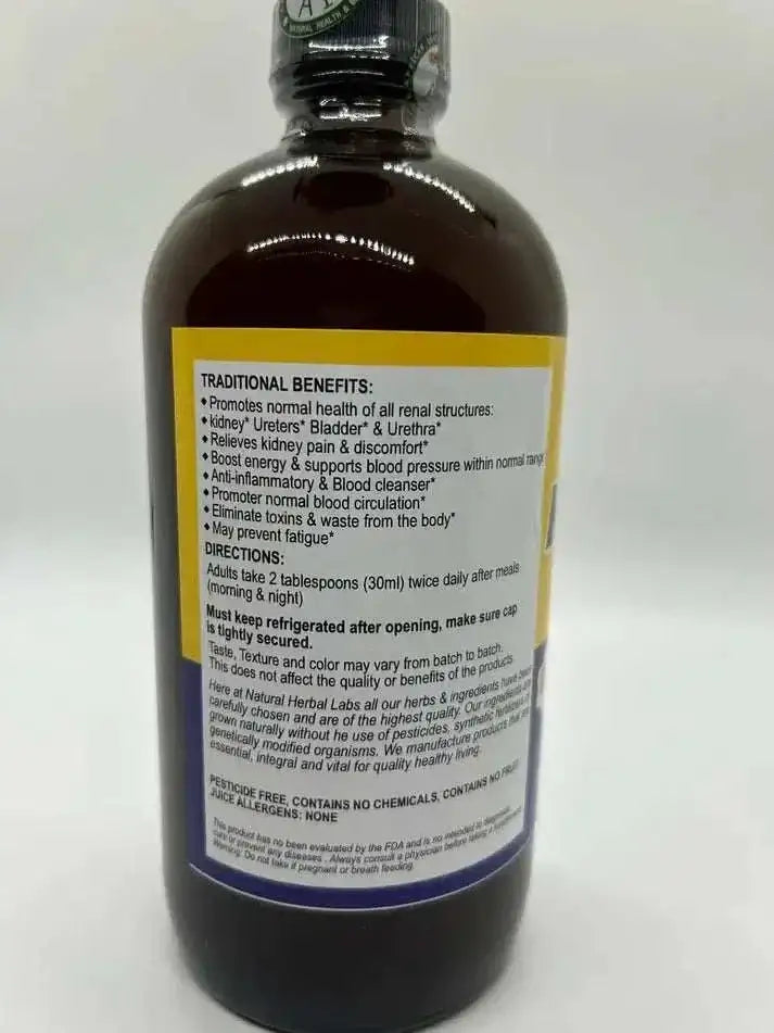 Kidney Formula herbal tonic bottle showcasing ingredients for kidney health and detox benefits.