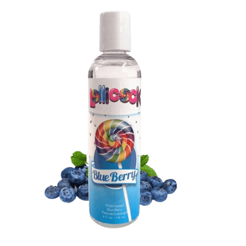 Lollicock 4 oz. blue berry flavored water-based lubricant with blueberries, safe for internal and external use.