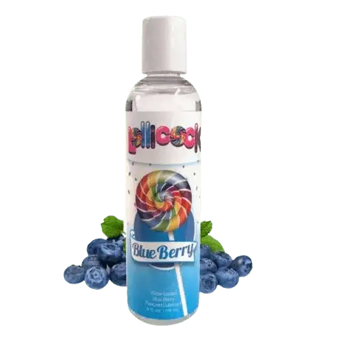 RoyalLuxsLLC blueberry body glide gel bottle with colorful lollipop label and fresh blueberries background
