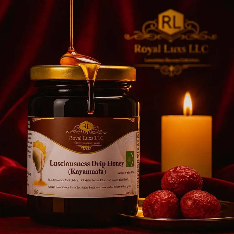 Lusciousness Drip Honey (Kayanmata) jar with honey dripping, candle, and Goron Tula fruit for wellness.