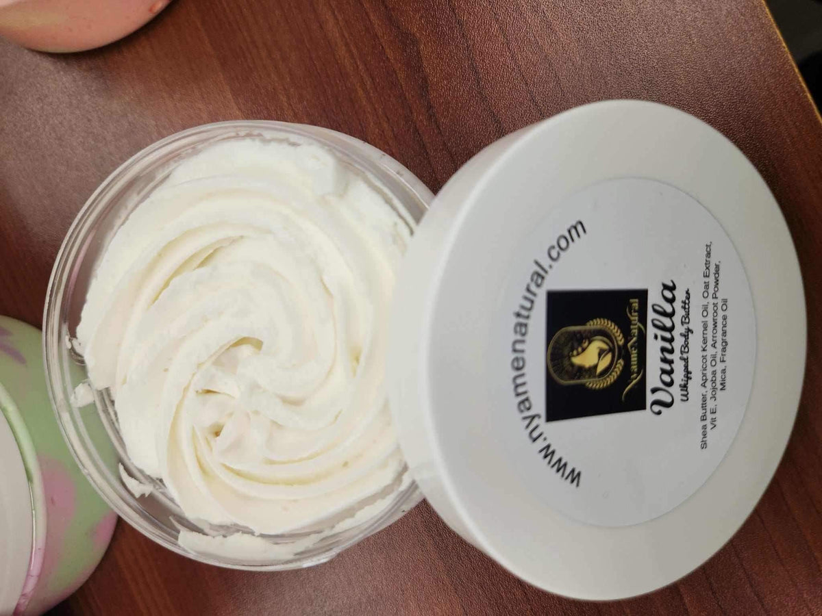 Luxurious body Vanilla Body Butter creamy texture showcasing its nourishing properties in an elegant container.