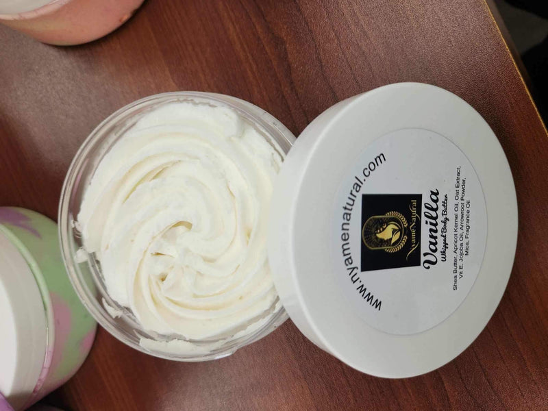 Luxurious body Vanilla Body Butter in a clear jar, showcasing its creamy texture perfect for hydration and nourishment.
