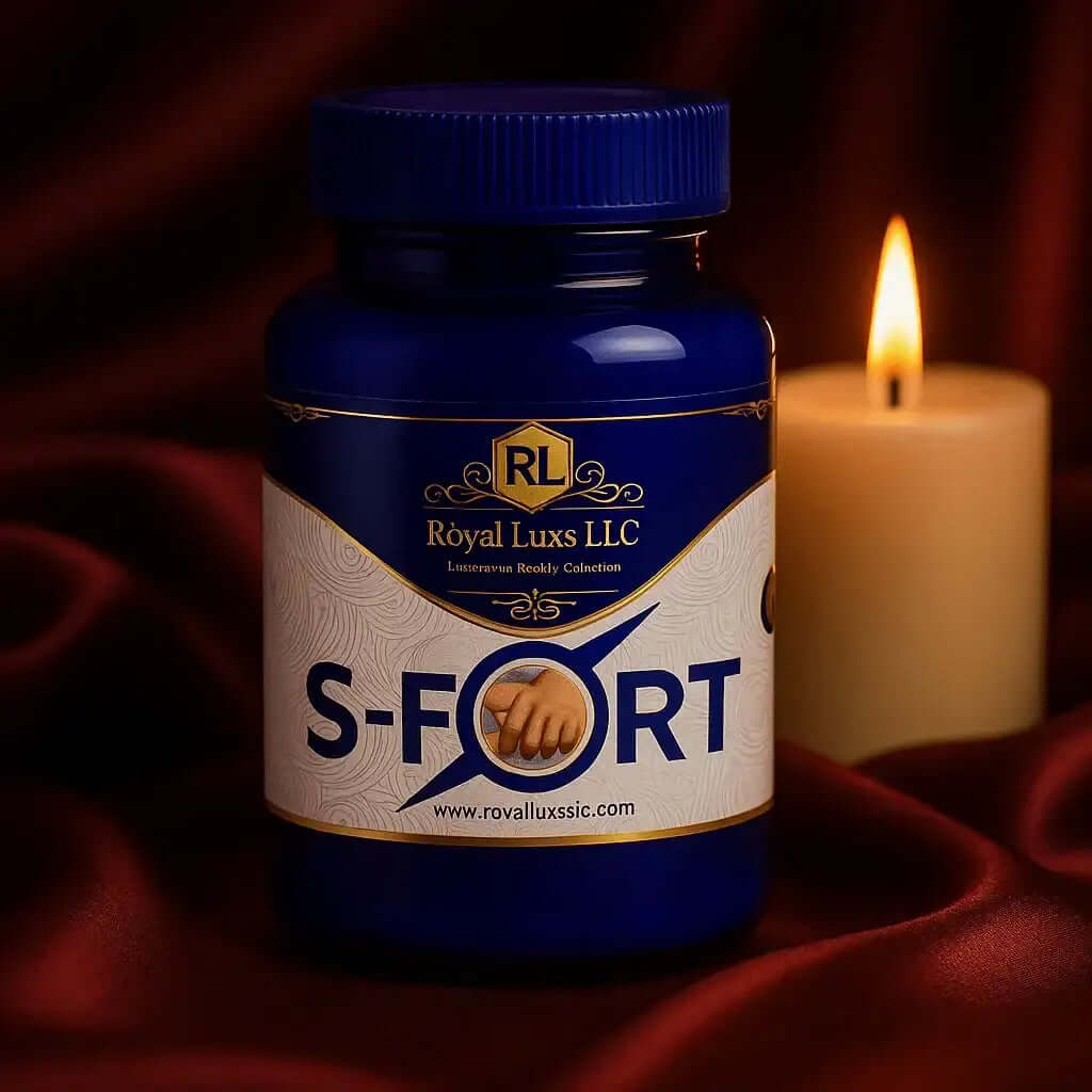 Men’s Vitality Herbal Capsules (20 ct) in a blue bottle on a rich red fabric background with candlelight.
