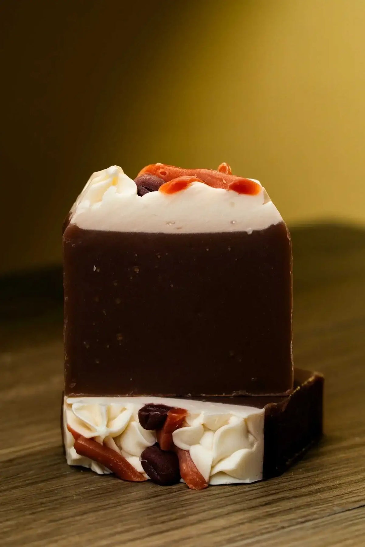 Mocha Latte Soap Bar showcasing rich layers and herbal ingredients for detox and cleanse in luxurious bath experience.