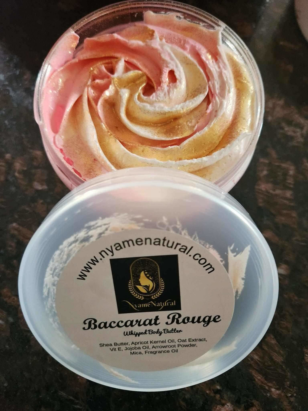 RoyalLuxsLLC Baccarat Rouge Body Oil whipped shea butter in a round container with pink and gold swirls