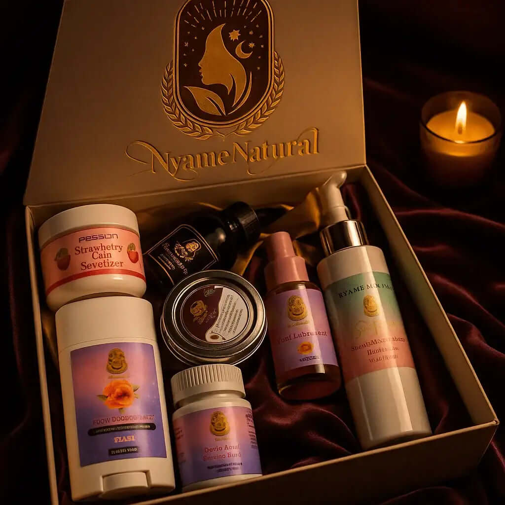 RoyalLuxsLLC herbal wellness box with natural body care products and candle in elegant packaging