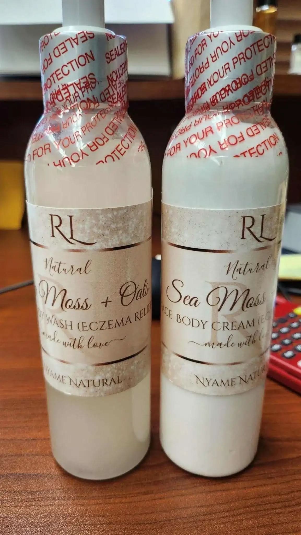 RoyalLuxsLLC sea moss clear skin set with natural moss and oats wash and sea moss body cream bottles