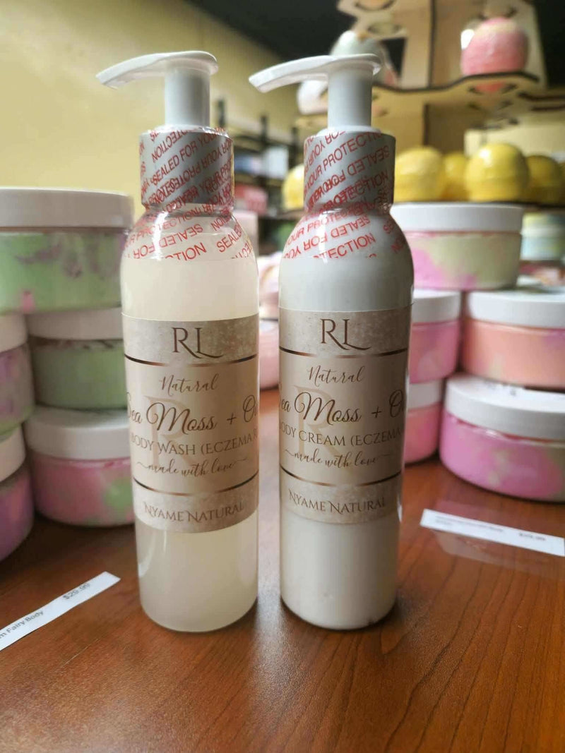RoyalLuxsLLC sea moss clear skin set with natural body wash and body cream bottles on wooden surface