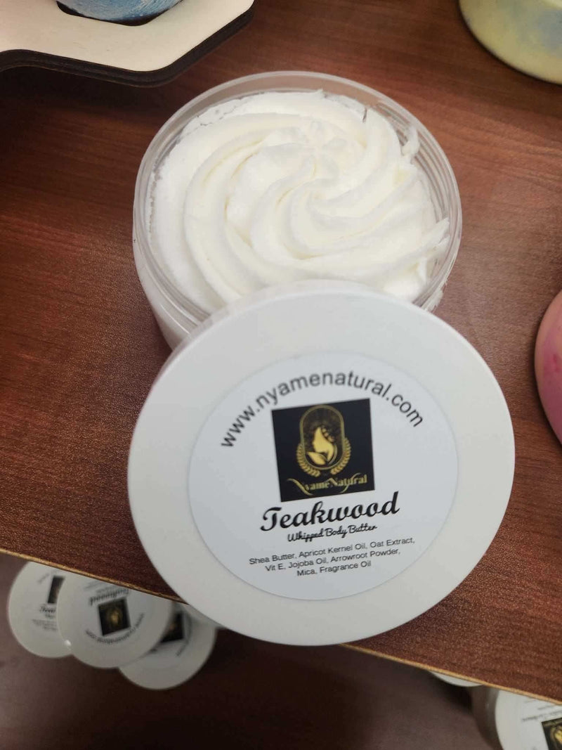 RoyalLuxsLLC Teakwood body butter open jar showing creamy white whipped body butter texture