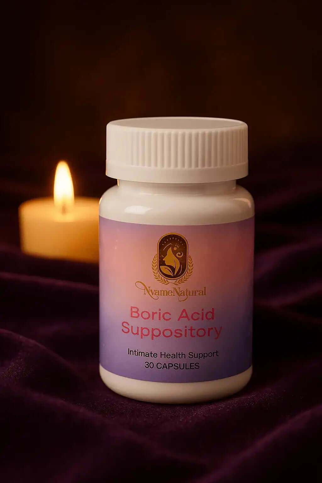 RoyalLuxsLLC boric acid suppositories for vaginal health in white bottle with purple label and candle background