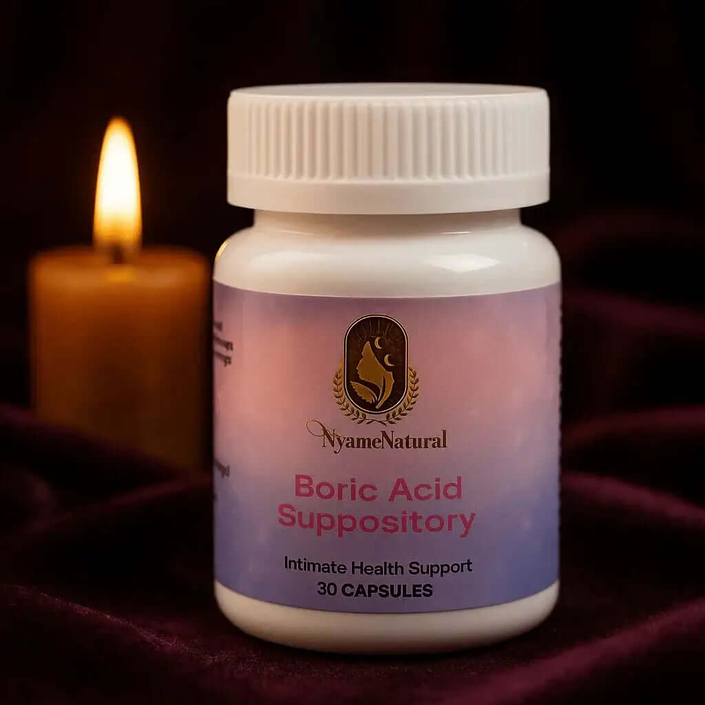 RoyalLuxsLLC boric acid suppositories for vaginal health bottle with 30 capsules on dark background