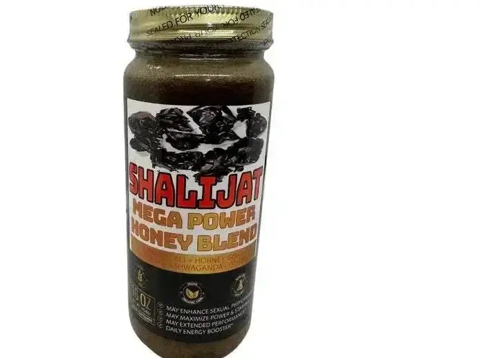 Organic 100% Pure Himalayan Shilajit Honey in a jar, a natural energy booster and herbal tonic.