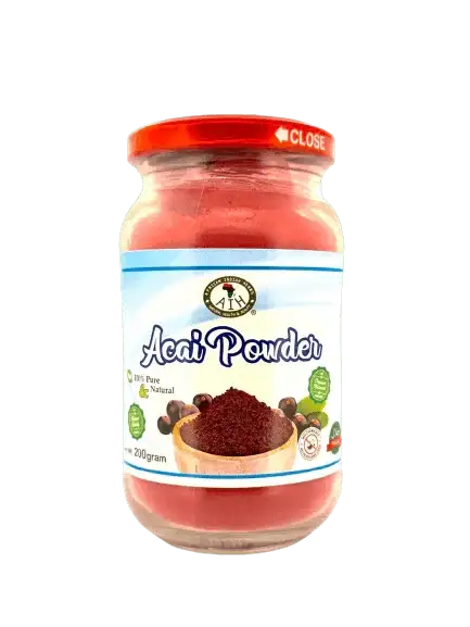 RoyalLuxsLLC organic acai berry powder in glass jar with red lid for tea and health benefits