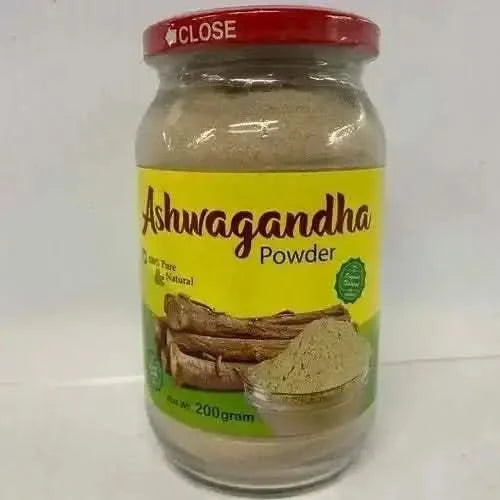RoyalLuxsLLC organic ashwagandha root powder in a clear glass jar with red lid and yellow label