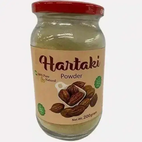 Organic Hartaki Fruit Powder in a glass jar for detox and herbal tonic purposes, 200 grams, pure and natural.