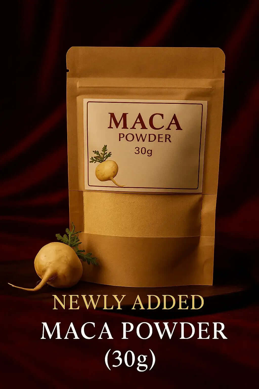 RoyalLuxsLLC organic maca root powder 30g in brown resealable pouch with fresh maca root on dark background