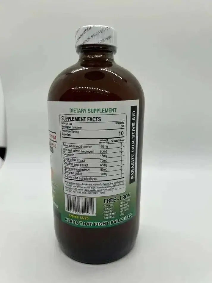 Parasite Formula supplement bottle with herbal ingredients for detox and digestive aid, promoting health and wellness.