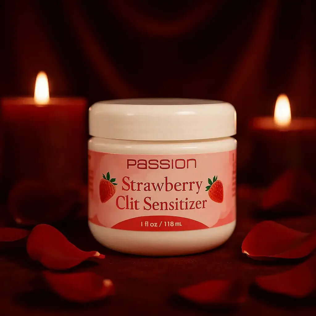 RoyalLuxsLLC strawberry clit sensitizer gel in white jar with pink label surrounded by red rose petals and candles