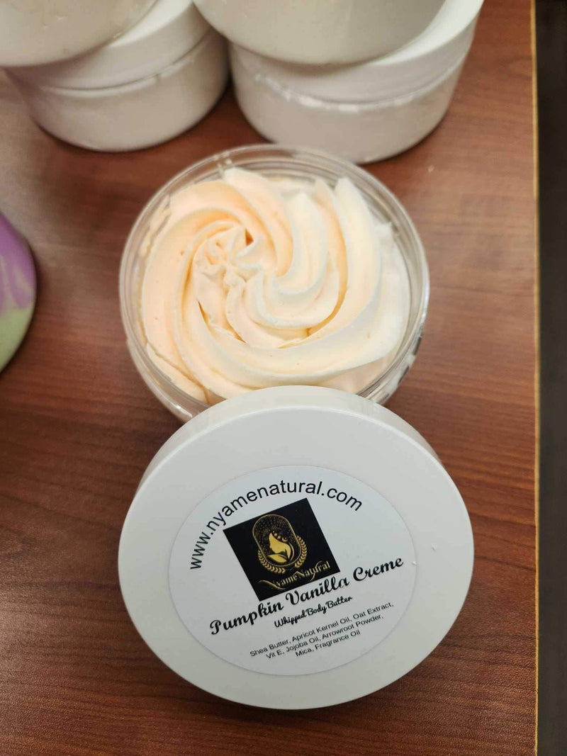 Pumpkin Vanilla cream Body butter in a clear jar, showcasing its creamy texture and inviting aroma for deep hydration.