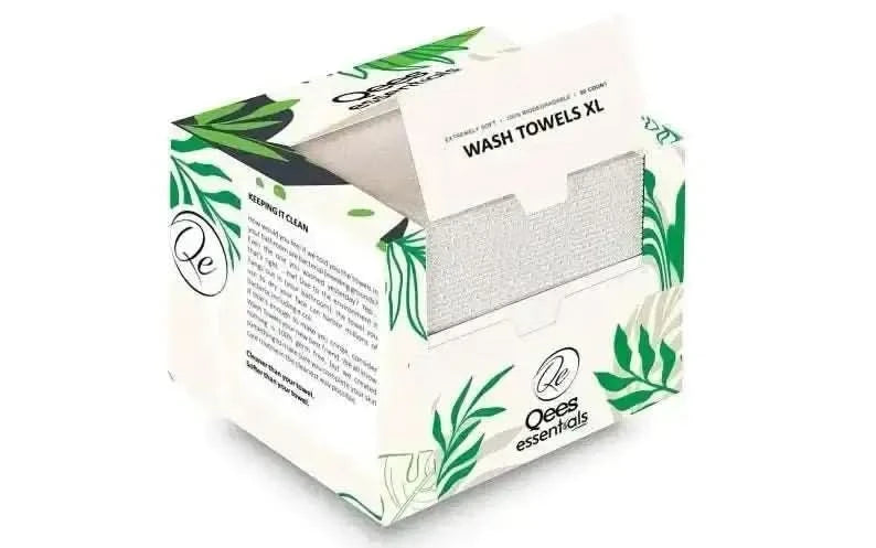 RoyalLuxsLLC biodegradable face towels packaged in a white box with green leaf designs and labeled wash towels XL