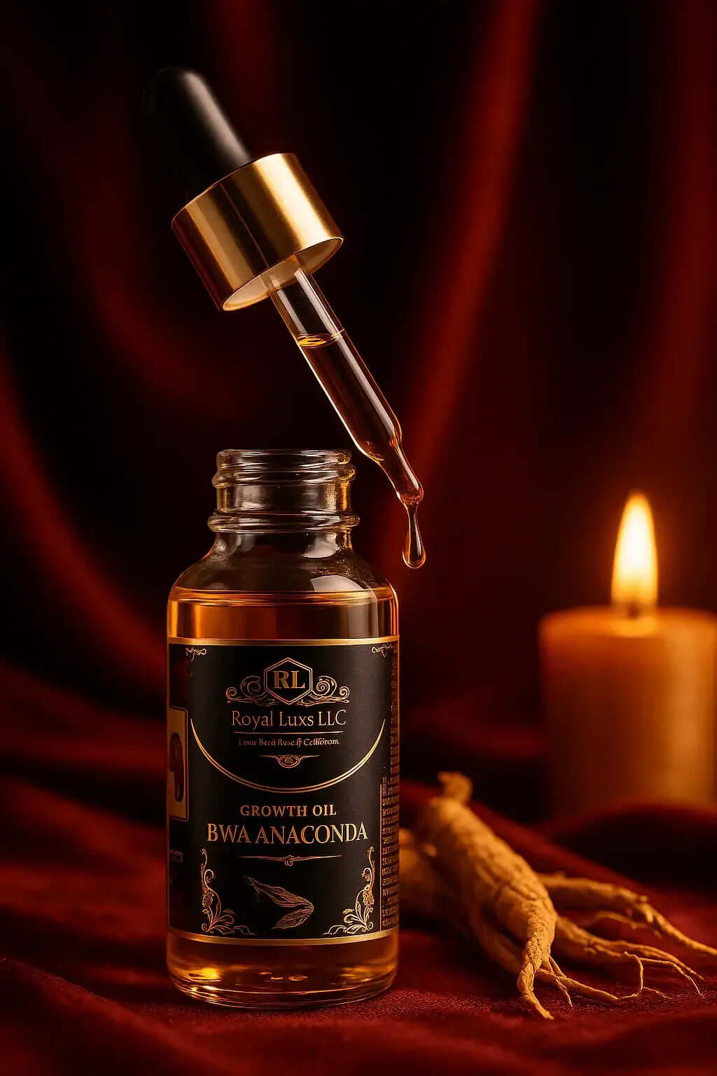 Royal Luxs African Bwa Anaconda Oil bottle with dropper for male enhancement, featuring herbal tonic ingredients.