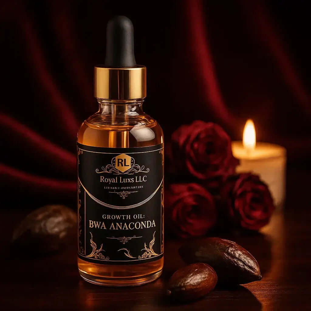 RoyalLuxsLLC bottle of African Bwa Anaconda Oil growth oil with dropper and decorative background