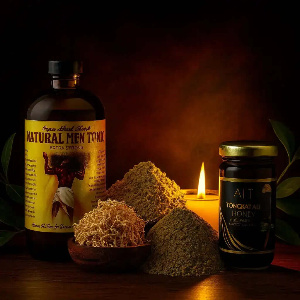 All night long herbal kit for men includes natural men tonic, tongkat ali honey, and herbal powders with candle light