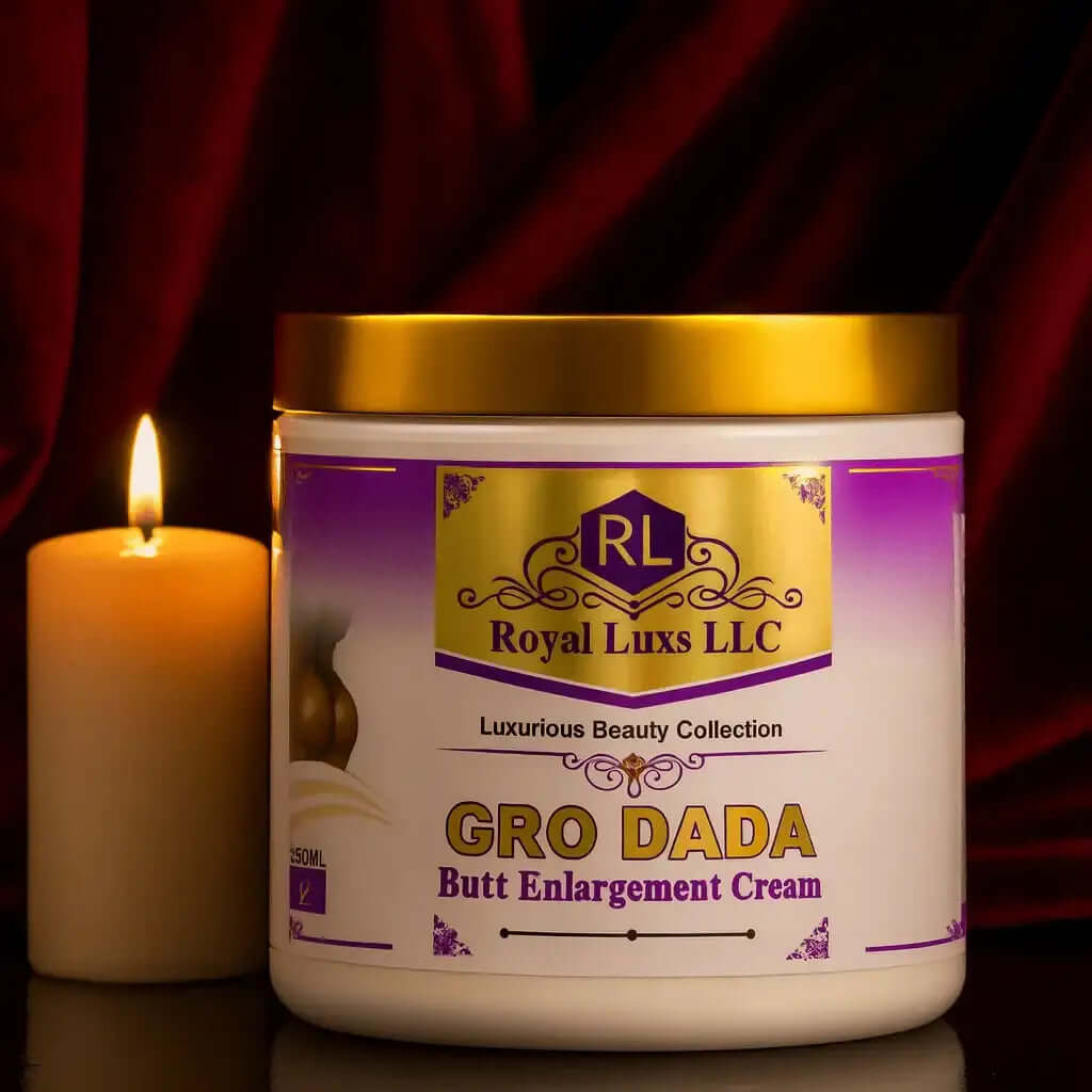 Royal Luxs LLC Gro Dada butt enlargement cream jar with gold lid next to lit candle on dark background