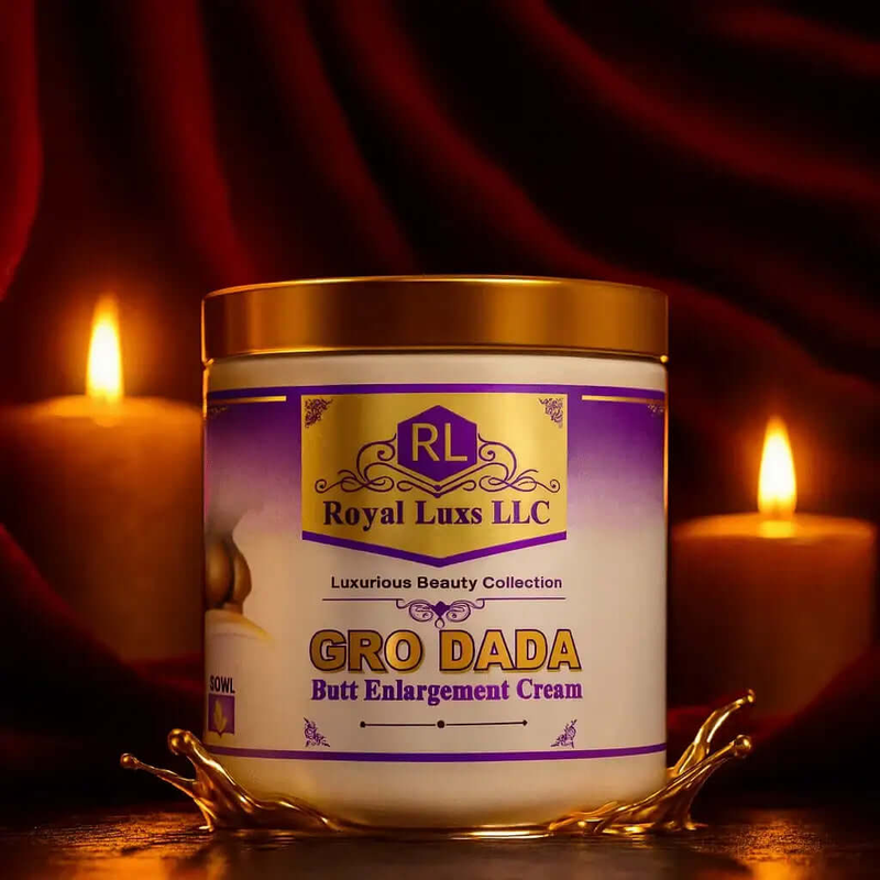 Royal Luxs LLC Gro Dada butt enlargement cream in a gold-lidded jar with candles and dark red background