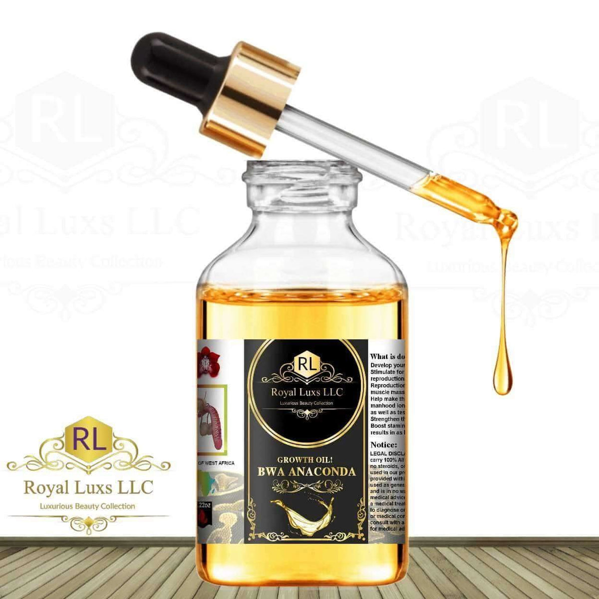 RoyalLuxsLLC Bwa Anaconda growth oil in clear bottle with dropper dripping golden serum