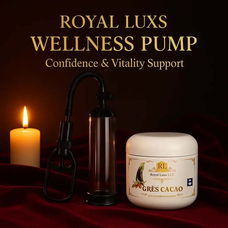 Royal Luxs Haitian Gres cacao ointment container next to a wellness pump and lit candle for confidence and vitality support