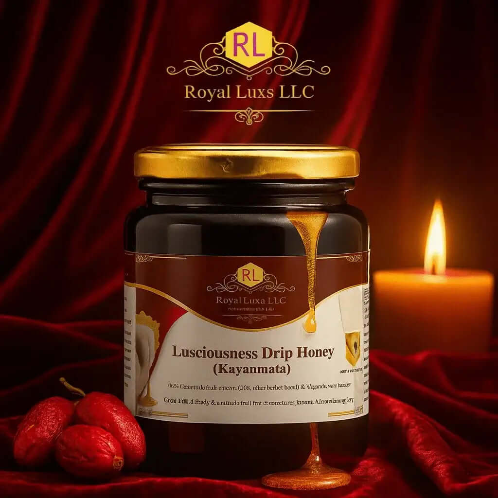 RoyalLuxsLLC jar of kayanmata honey for women with golden lid and honey dripping on red velvet background