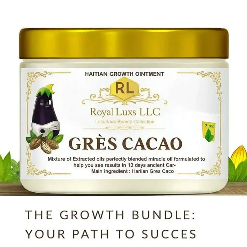 Royal Luxs LLC authentic Haitian gres cacao growth ointment in a white jar with gold lid