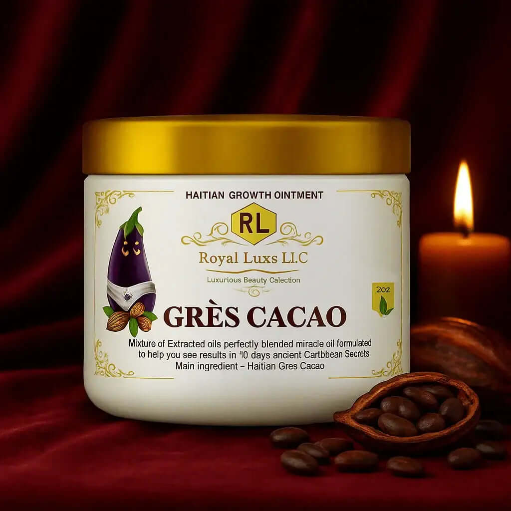 Royal LuxsLLC Haitian growth ointment with authentic Haitian gres cacao in a white jar with gold lid