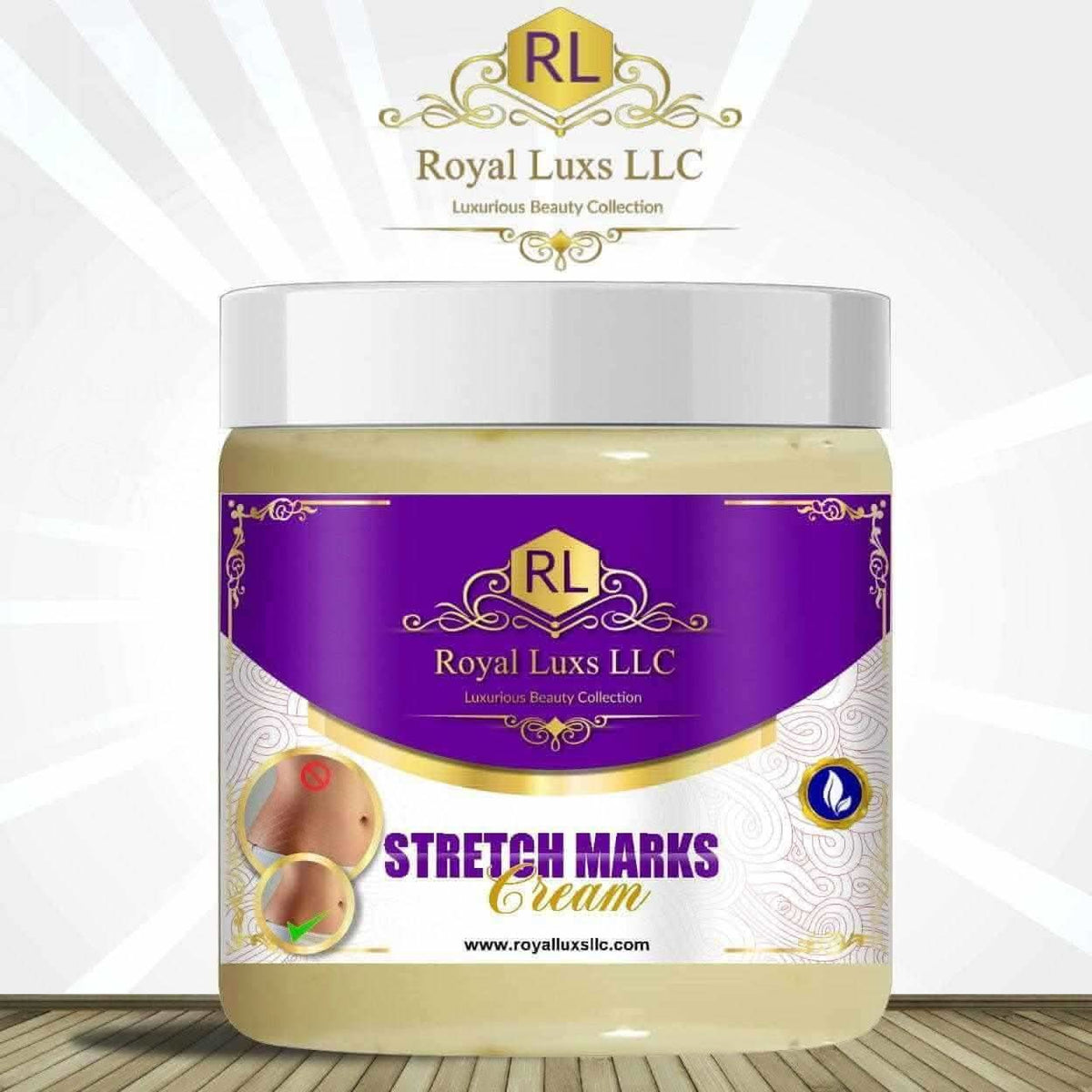 Royal Luxs LLC herbal stretch marks cream in a jar with purple and gold label for skin care
