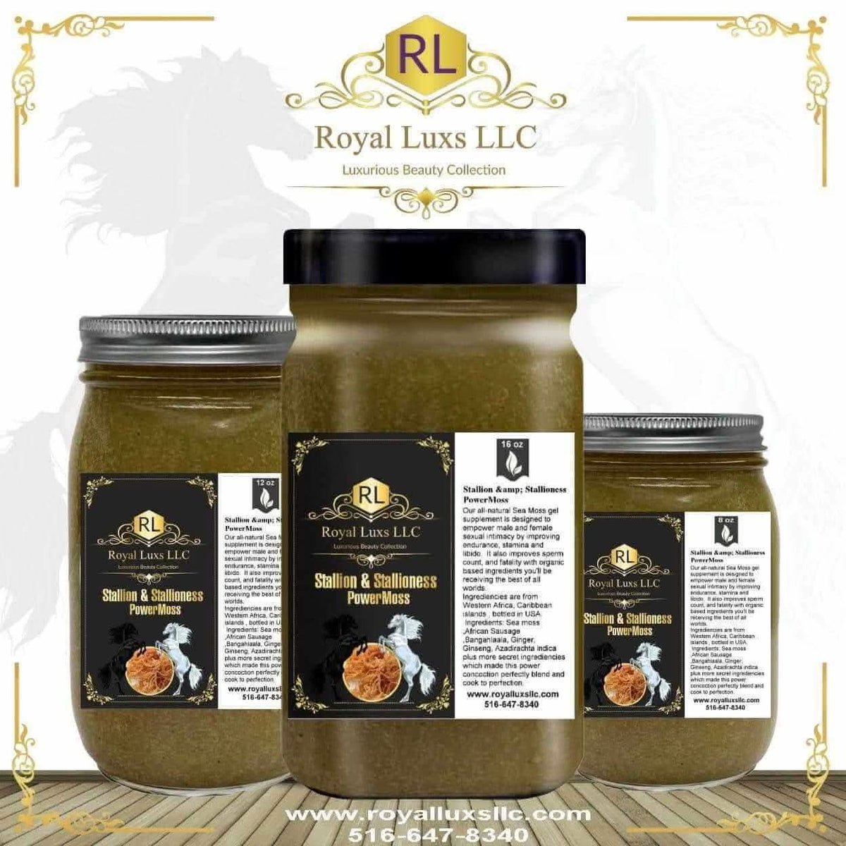 Royal Luxs LLC Stallion and Stallioness PowerMoss herbal vitality blend for men and women in three glass jars
