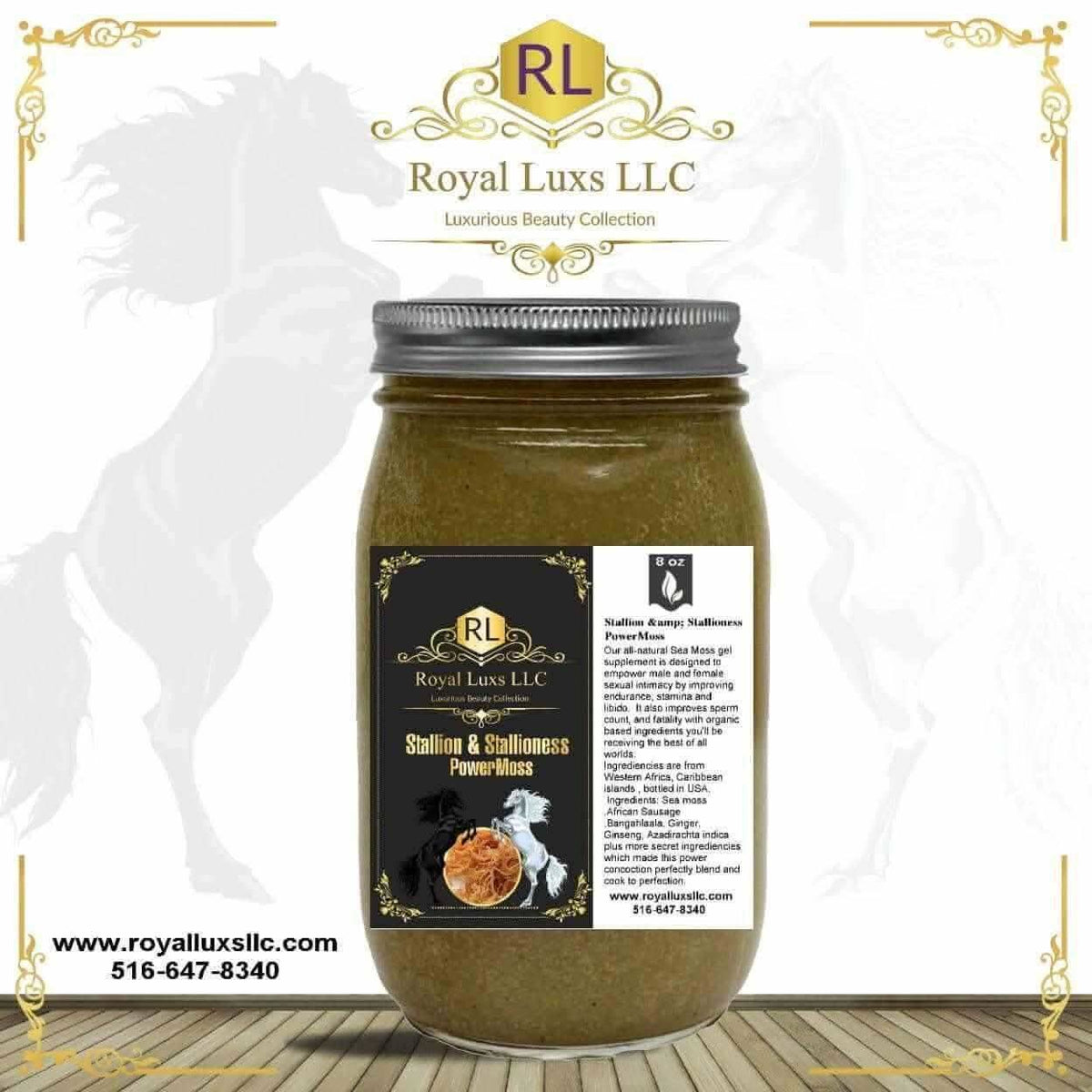 Royal Luxs LLC herbal vitality blend for men and women in a glass jar with black label and silver lid